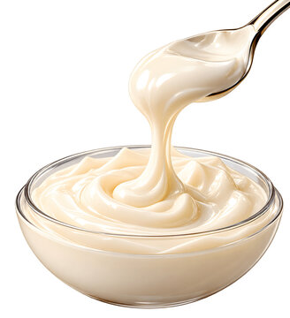 Glossy White Cream Swirl in Glass Bowl with Spoon Isolated on Transparent Background