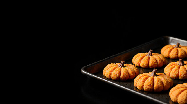 Pumpkin-shaped cookies on a baking sheet