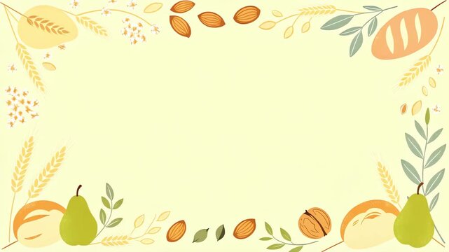 A charming animated frame featuring various food items like bread, pears, almonds, and wheat, perfect for culinary or harvest-themed projects and healthy lifestyle content.