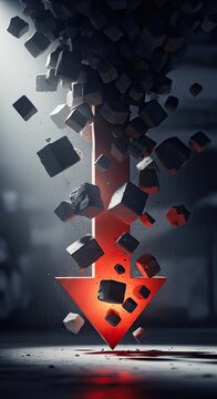 Red arrow descending through falling geometric debris.