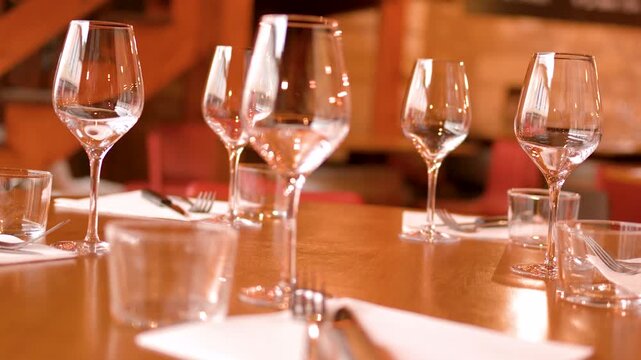 Clear Wine Glasses and Elegant Table Setting in Fine Dining Restaurant