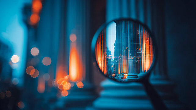 A magnifying glass focused on classical banking columns and a financial chart represents banking sector analysis and institutional risk assessment.