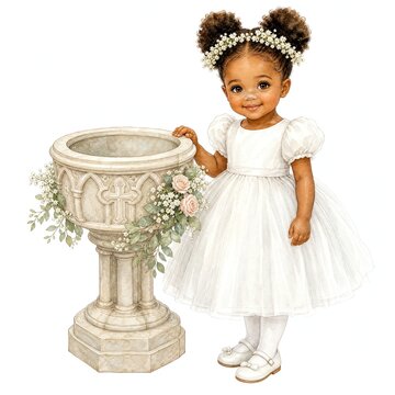 Baptism Girl With Dark Skin and Puffs Beside Stone Font