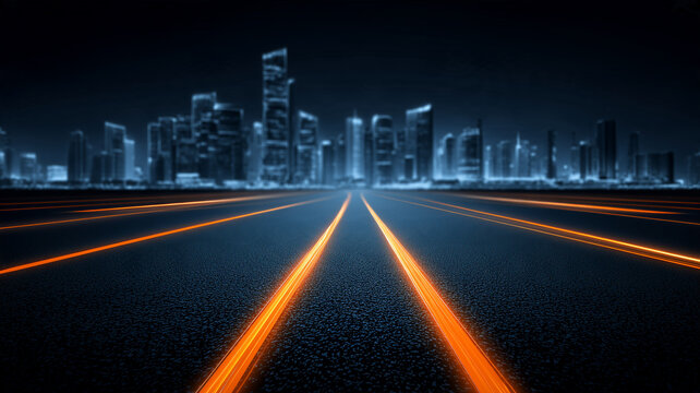 An illuminated highway leading toward a modern city skyline represents smart transportation networks and the future of urban connectivity.