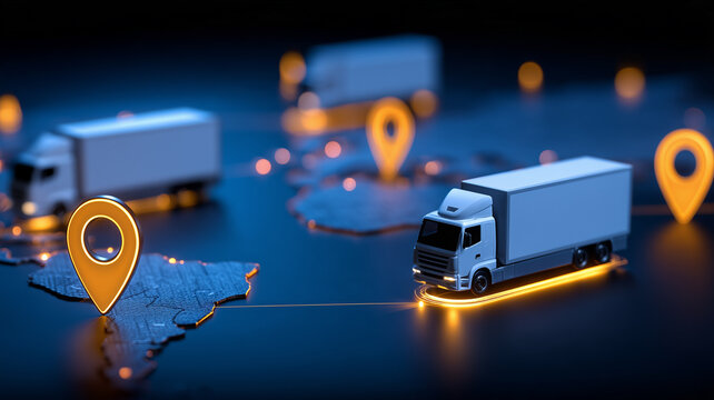 Delivery trucks linked by location pins across a digital route map illustrate shipment tracking and coordinated supply chain logistics.