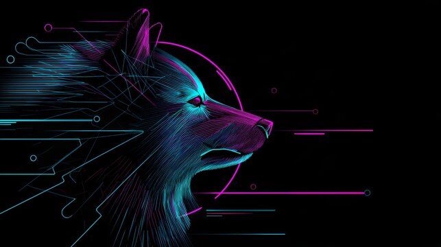 Futuristic Cyberpunk Wolf Head Profile Facing Right with Speed Motion Lines and Glowing Neon Pink Cyan Wireframe Graphics