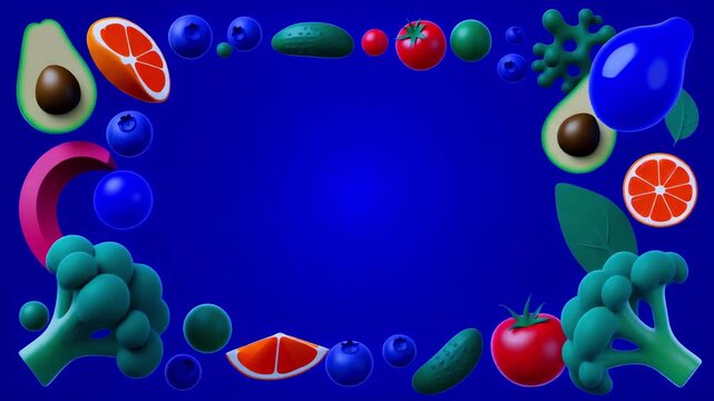 A dynamic 3D animation featuring a lively border of stylized fruits and vegetables on a solid blue backdrop.