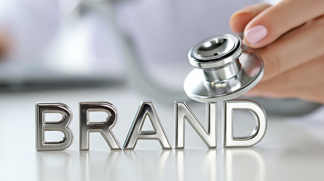 A stethoscope examining the word brand illustrates brand health assessment and corporate reputation monitoring.