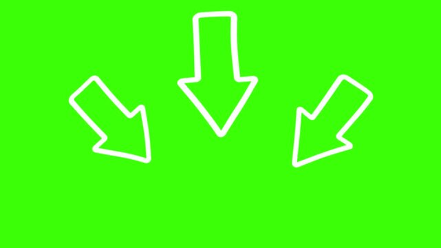 Three down arrows animated white outline doodle emphasis sign wiggling and pointing to center in 4k on green screen background.