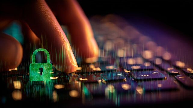 A fingertip pressing a computer keyboard beside a digital padlock represents secure access and cybersecurity protection.