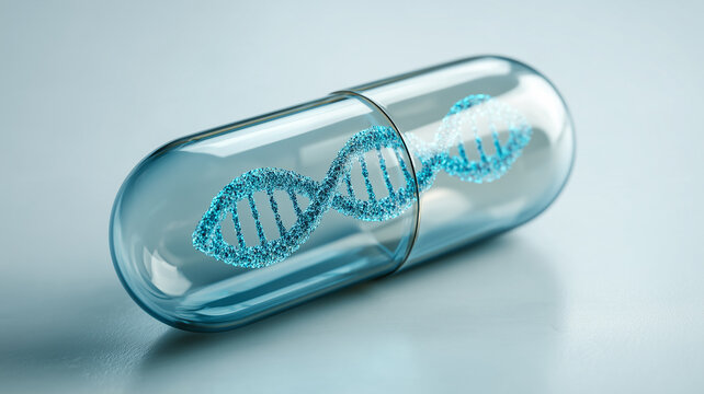A transparent pharmaceutical capsule containing a DNA double helix illustrates genetic medicine and personalized treatments through biotechnology.