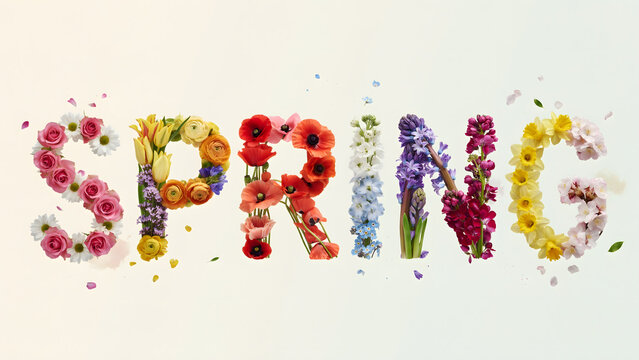 Spring text word formed by colorful floral arrangement with blooming petals and blossoms.