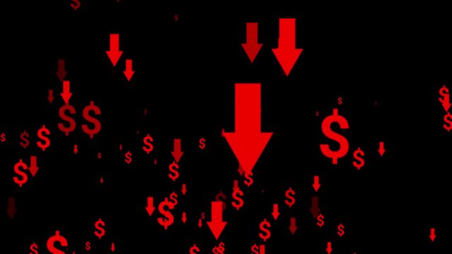 Dollar signs animated red arrows falling down in 4k on a black background.