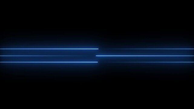 Three parallel horizontal blue neon light beams moving across black 4k background