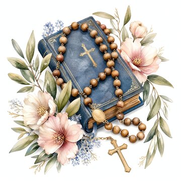 Watercolor Wooden Bead Rosary on Bible With Olive Leaves