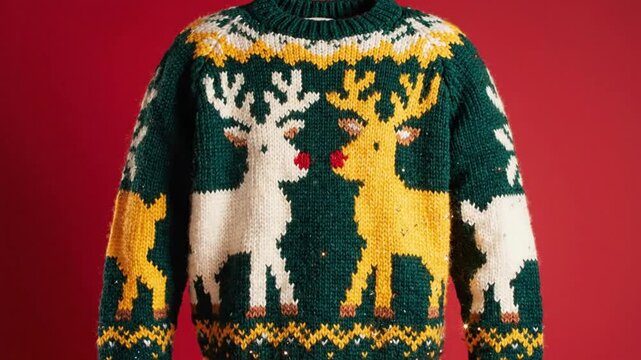 Festive handmade Christmas sweater with reindeer patterns, perfect cozy attire for holiday celebrations, featuring textured knitwear.