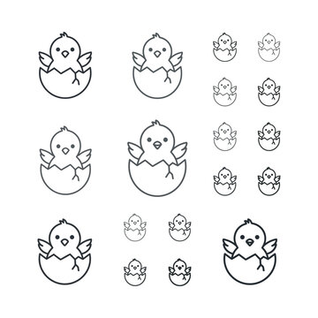 Cute baby chick hatching from cracked egg, simple line art icon set, Easter and spring concept