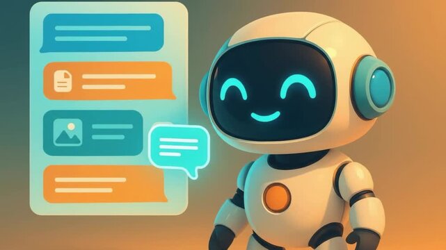 Cute orange and white robot character presenting chat message cards and media attachments