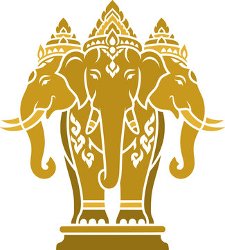 Golden three-headed elephant inspired by Thai and Hindu mythology, featuring intricate traditional Thai ornaments and decorative details on a pedestal. Suitable for cultural illustrations, Asian herit