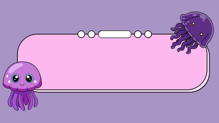 Cute purple jellyfish cartoon border, pink rectangular frame for game interface, whimsical sea creature banner for kids content © lailaa