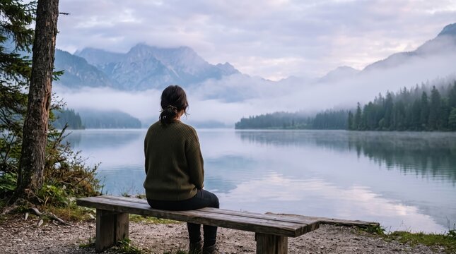 Woman sitting alone on wooden bench by serene lake, misty mountains reflection, peaceful nature landscape, morning fog, tranquil relaxation, mindfulness meditation