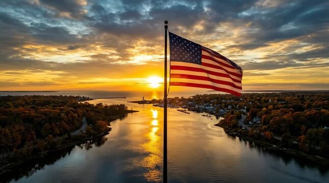 Breathtaking aerial drone shot of a large American flag waving at sunset over a coastal river town