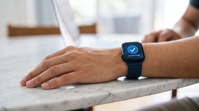 Smartwatch displaying authentication success screen, wearable technology verification for secure login access, biometric identity confirmation on wrist during daily work routine.