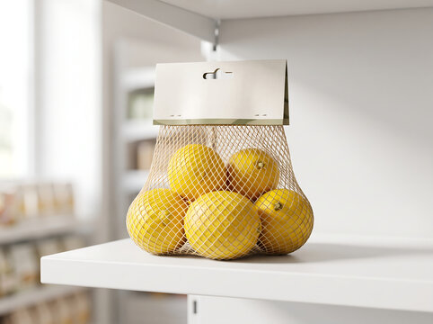 Fresh yellow lemons packaged in a net bag on a supermarket shelf transparent background