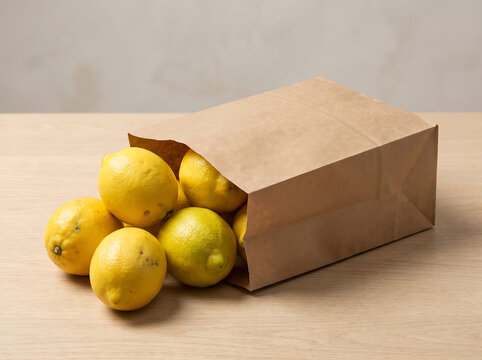 Fresh yellow lemons spilling out of a brown paper grocery bag on a wooden table transparent background
