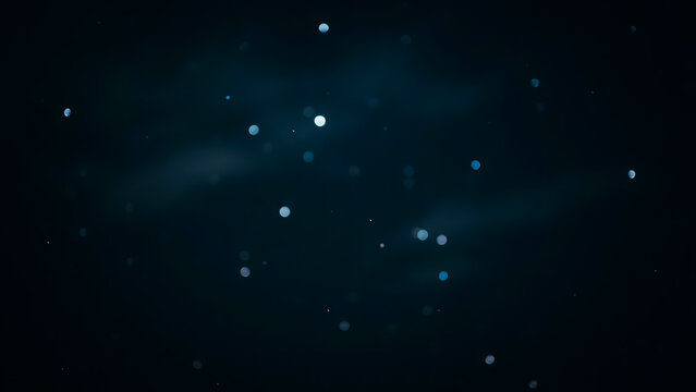Dark blue abstract background with floating light particles, atmospheric and mysterious design.