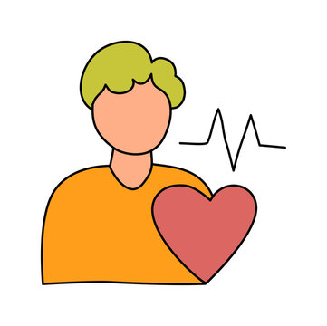cartoon man holding red heart with pulse line