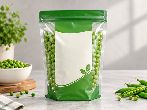 Green plastic standup pouch mockup filled with fresh green peas transparent background