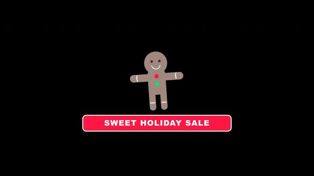 Flat Christmas gingerbread man cookie with white icing squiggles bouncing and swaying smoothly on transparent background
