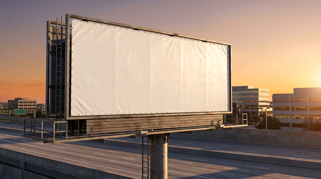 Large blank outdoor advertising billboard standing above a busy highway at golden sunset transparent background