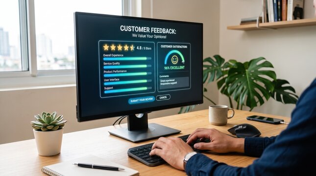 Customer feedback survey on computer monitor displaying satisfaction rating stars service quality product performance user interface support comments excellent review business