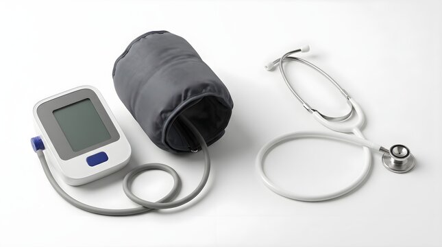Digital Blood Pressure Monitor with Arm Cuff and White Stethoscope Isolated on White Surface for Medical Health Checkup