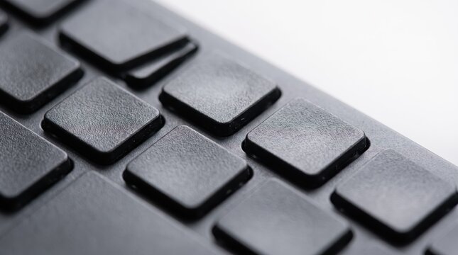 Close-up macro photography of a black computer keyboard, detailed texture of matte plastic keys, high contrast lighting, shallow depth of field, technology background