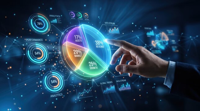 Futuristic hand interacting with holographic pie chart and analytics dashboard, touching floating digital graph representing revenue and market share