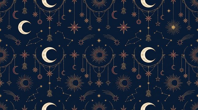 Celestial mystical seamless pattern with golden stars and moons, bohemian astrology constellation backdrop, dark blue occult wallpaper