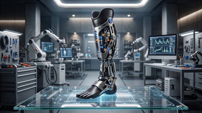 Futuristic bionic leg prosthesis with adaptive ankle mechanics, pressure sensors and carbon fiber construction, designed for advanced mobility and robotic rehabilitation.