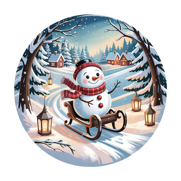 A snowman riding a wooden sled travels through a winter landscape with illuminated houses snowscape snowy village houses