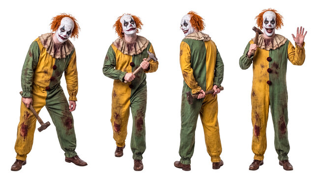 Creepy clown with orange hair in green jumpsuit holding a hammer