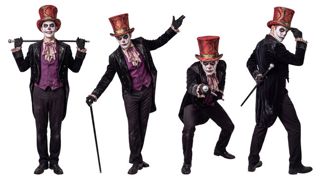 Creepy clown ringmaster in red top hat with cane, theatrical pose