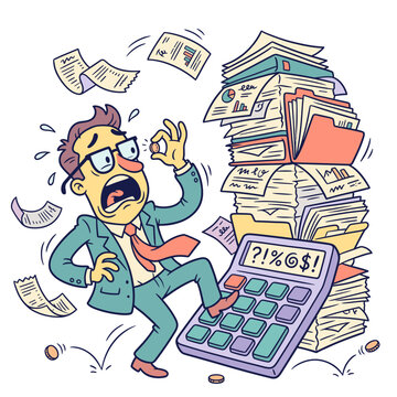 Stressed businessman cartoon character overwhelmed by a mountain of paperwork and financial debt holding a single coin
