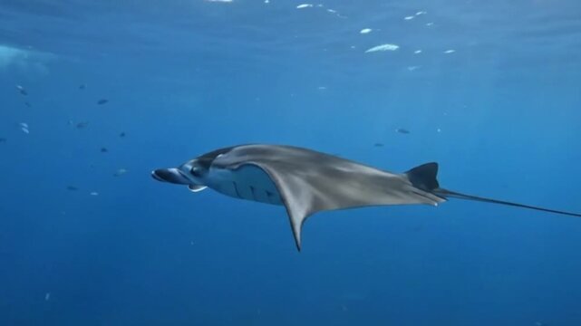 Majestic manta ray swimming gracefully in deep blue ocean water with sunrays filtering through