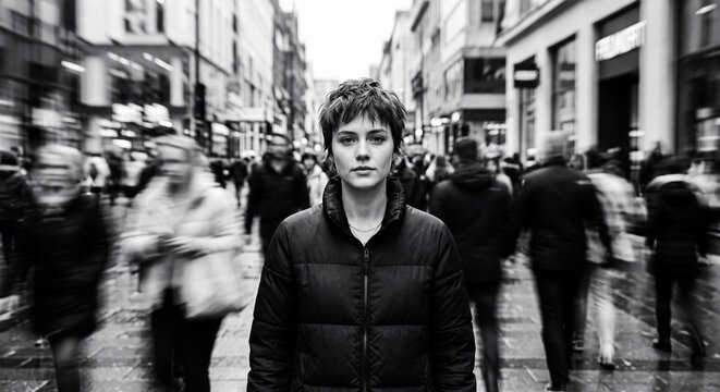 Black and white shot of a young person standing still and looking at the camera while blurred pedestrians stream past on a busy city street. Isolation, anxiety and mental health concept.