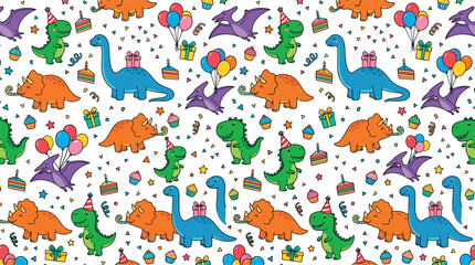 Cute Birthday Dinosaurs Seamless Pattern with Cartoon T-Rex Triceratops Balloons Cake and Presents for Children Party Wallpaper and Textile Design © Sohel