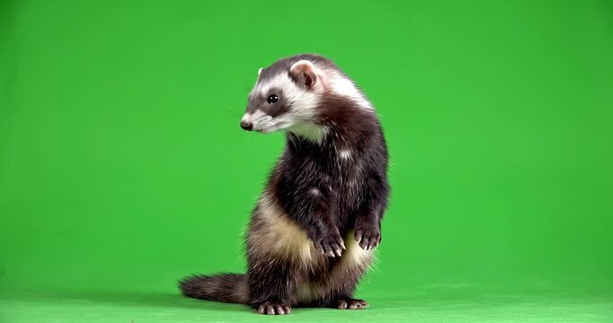 small ferret standing on hind legs sniffing the air and looking around against a professional green screen background 4kK video 60 fps