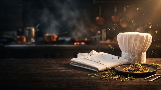 Chef Hat and Jacket with Gourmet Plated Dish on Rustic Table