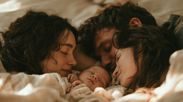 Tender moment between newborn baby and parents, symbolizing unconditional love, family connection, protection, and precious memories.